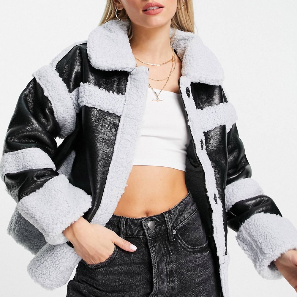 Petite sherpa paneled jacket in black and blue